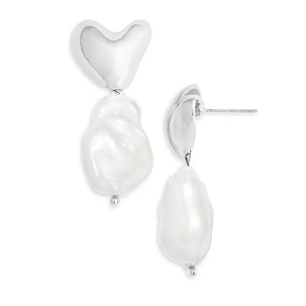 Aqua Silver Heart Imitation Pearl Earrings - NWT